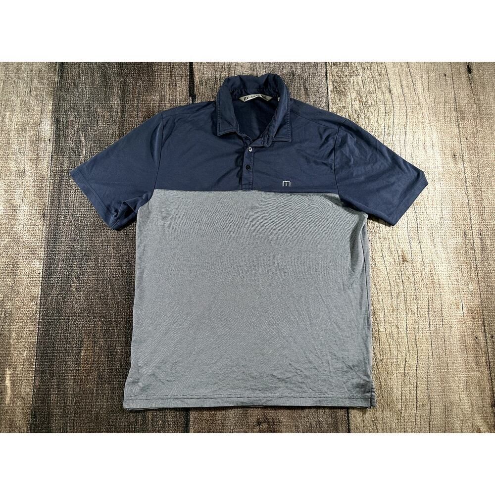 Travis Mathew Blocked Striped Polo Shirt Mens Lg Blue Gray Cotton Polyester